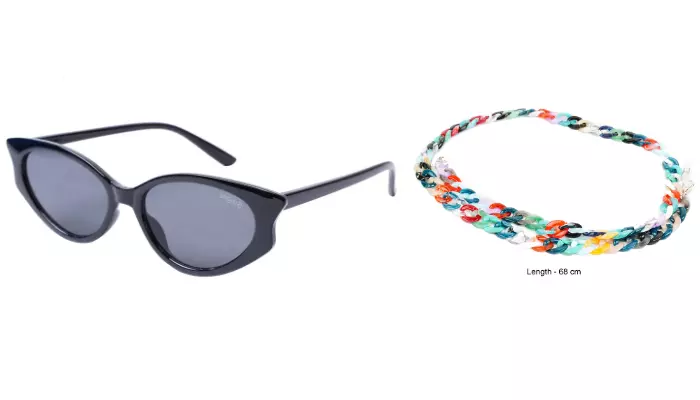 Soigné Female Large Cateye Sunglasses.Glossy Black with Multi Color Sunglasses Chain