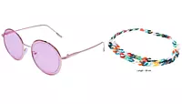 Soigné Female Medium Round Sunglasses.Golden Frame with Multi Color Sunglasses Chain
