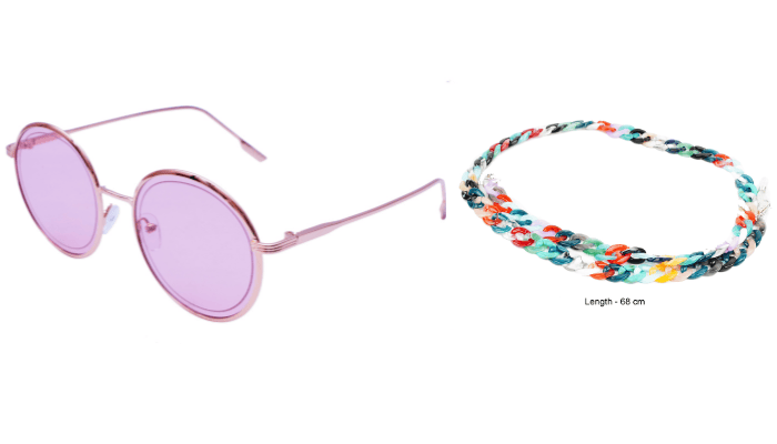 Soigné Female Medium Round Sunglasses.Golden Frame with Multi Color Sunglasses Chain Soigné Female Medium Round Sunglasses.Golden Frame with Multi Color Sunglasses Chain