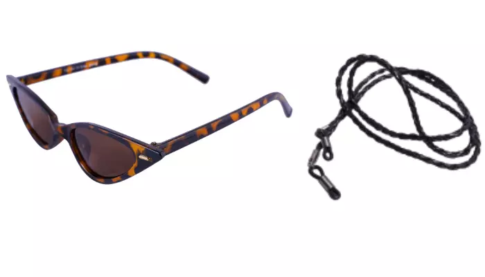 Soigné Female Small Cat Eye Sunglasses.Leopard Print.Brown Lens with  Black String