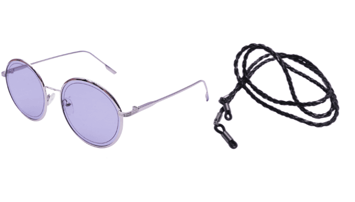 Soigné Female Medium Round Sunglasses.Silver Frame with Strings.Black&Transparent Soigné Female Medium Round Sunglasses.Silver Frame with Strings.Black&Transparent