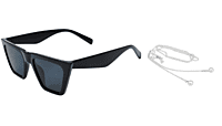 Soigné Female Large Square Sunglasses. Glossy Black with silver metal chain Soigné Female Large Square Sunglasses. Glossy Black with silver metal chain