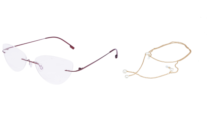 Soigné Female Medium Rimless Cat Eye Spectacle Frame. with Golden ChainRed with