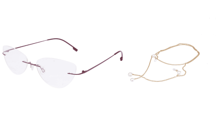 Soigné Female Medium Rimless Cat Eye Spectacle Frame. with Golden ChainRed with Soigné Female Medium Rimless Cat Eye Spectacle Frame. with Golden ChainRed with
