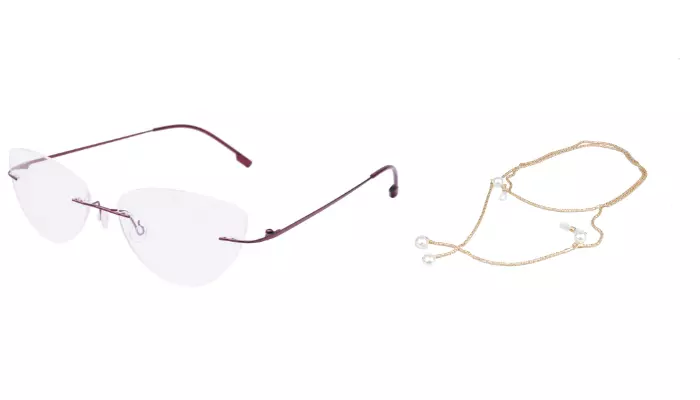 Soigné Female Medium Rimless Cat Eye Spectacle Frame. with Golden ChainRed with