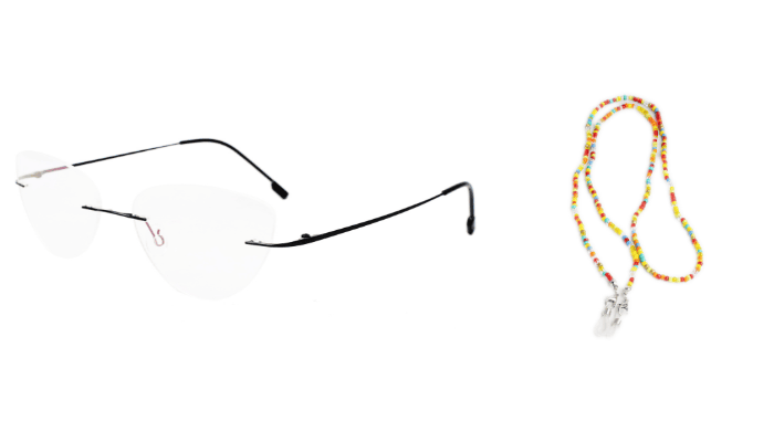 Soigné Female Medium Rimless Cat Eye Spectacle Frame.Grey Multi Color Chain Soigné Female Medium Rimless Cat Eye Spectacle Frame.Grey Multi Color Chain