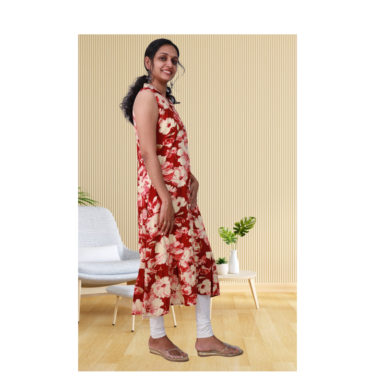 Angel feeling foil printed sleeveless A- line red blossom