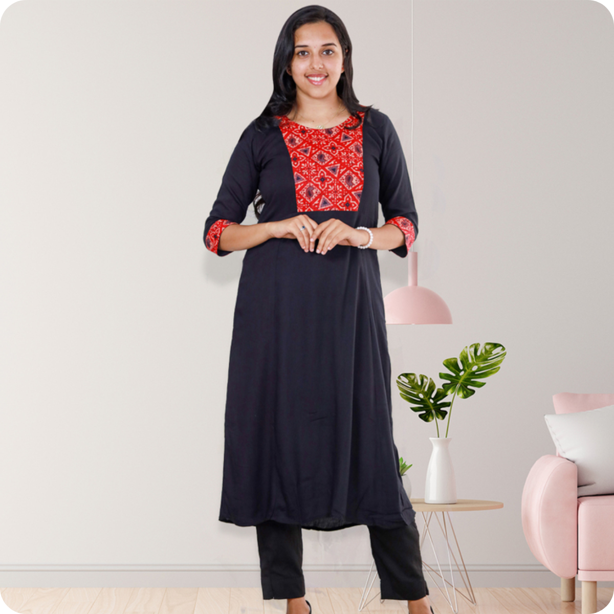 Anjali Wringle Rayon with Ajrakh Cotton Navy blue with Red Geometric Patch Top