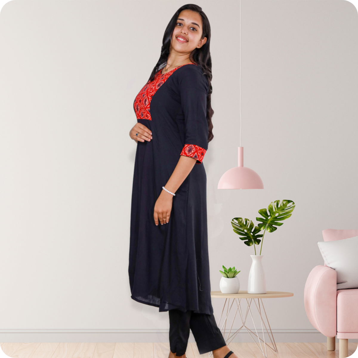 Anjali Wringle Rayon with Ajrakh Cotton Navy blue with Red Geometric Patch Top