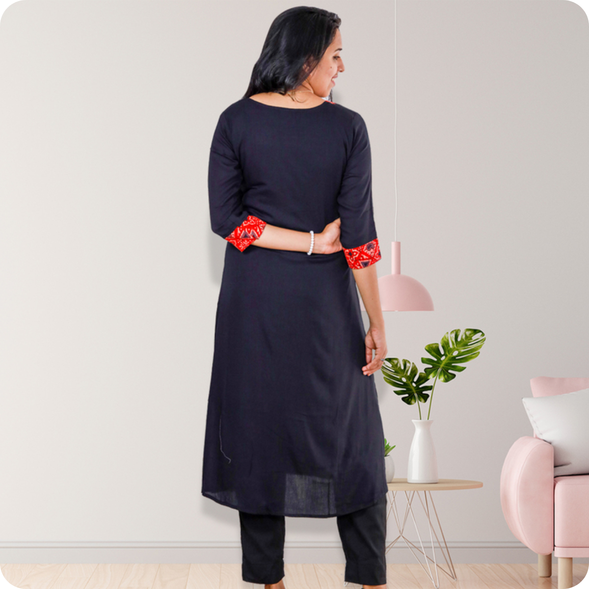 Anjali Wringle Rayon with Ajrakh Cotton Navy blue with Red Geometric Patch Top