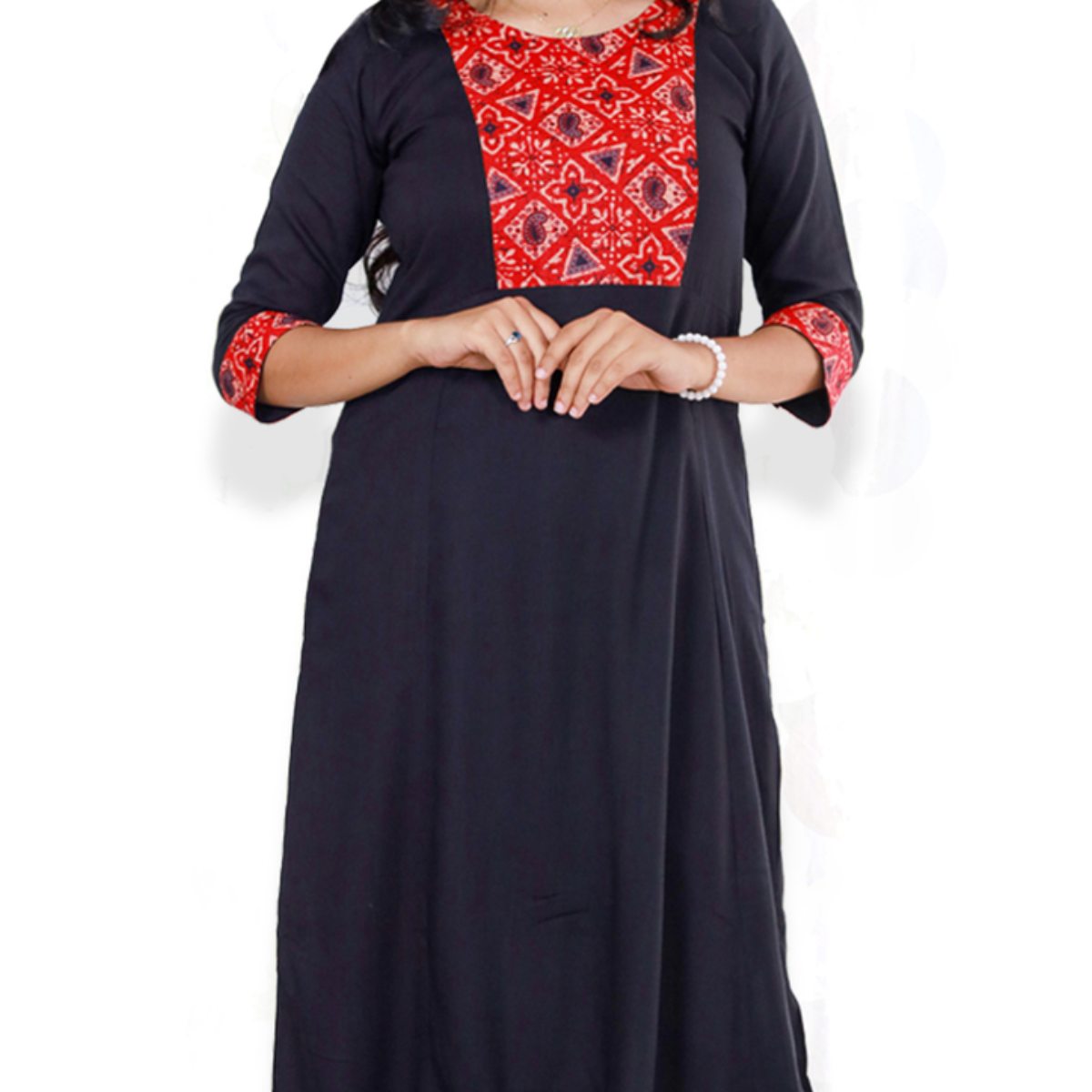Anjali Wringle Rayon with Ajrakh Cotton Navy blue with Red Geometric Patch Top