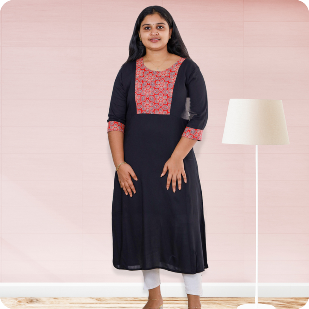 Anjali wringle rayon with Ajrakh cotton Navy Blue with Red floral Patch top