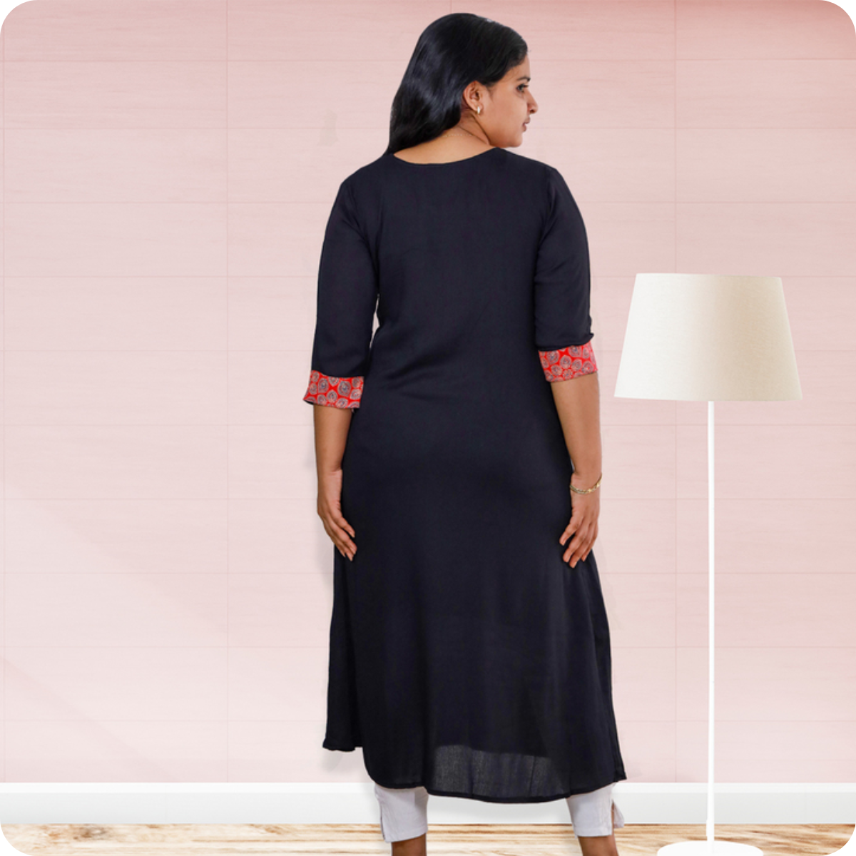 Anjali wringle rayon with Ajrakh cotton Navy Blue with Red floral Patch top