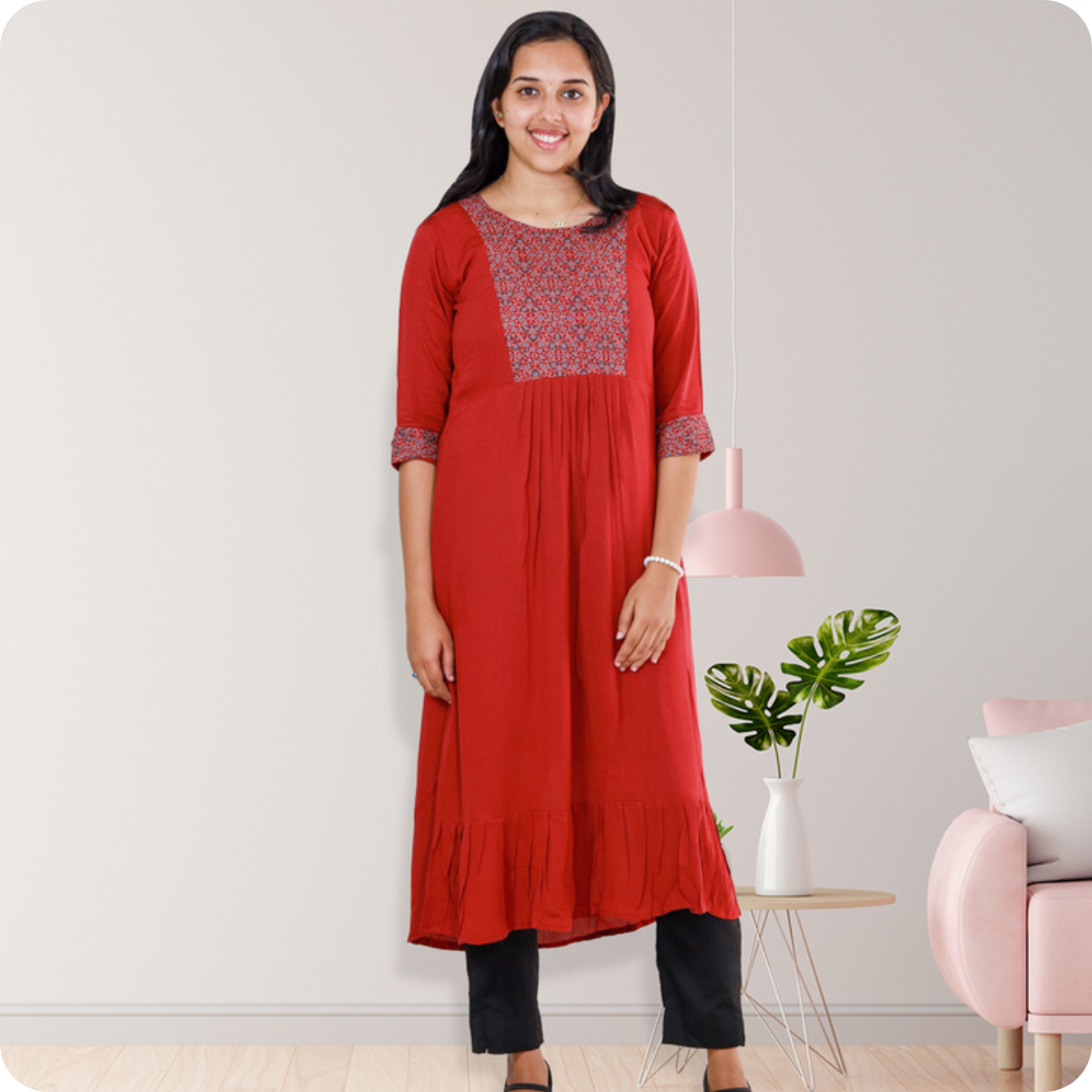 Anjali wringle rayon with Ajrakh cotton patch Red with sall Floral Top