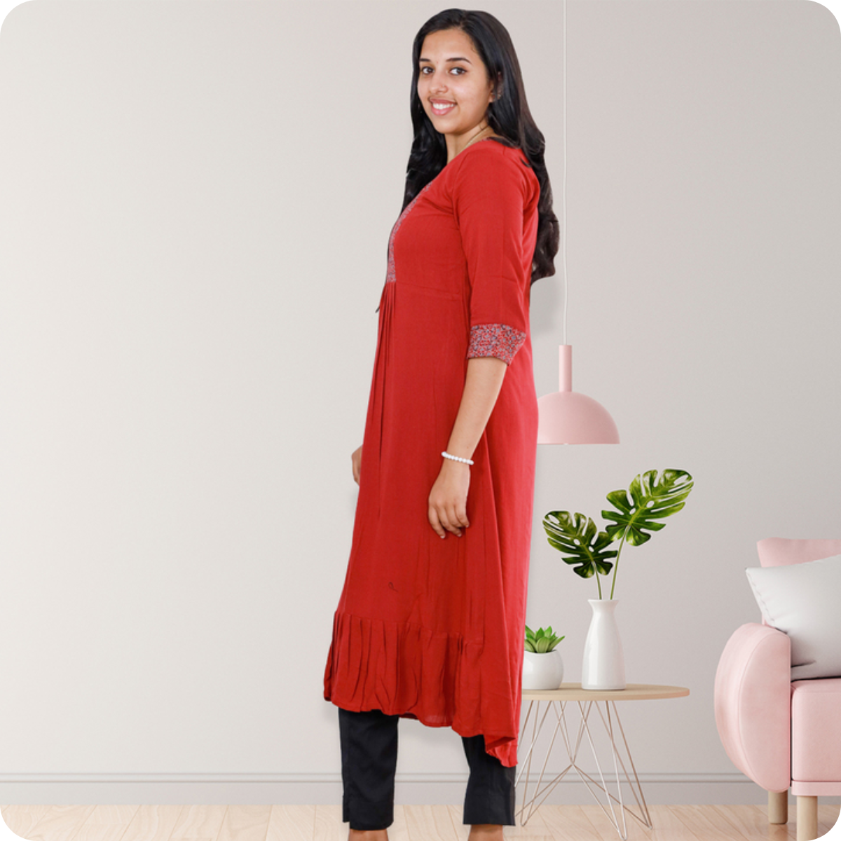 Anjali wringle rayon with Ajrakh cotton patch Red with sall Floral Top