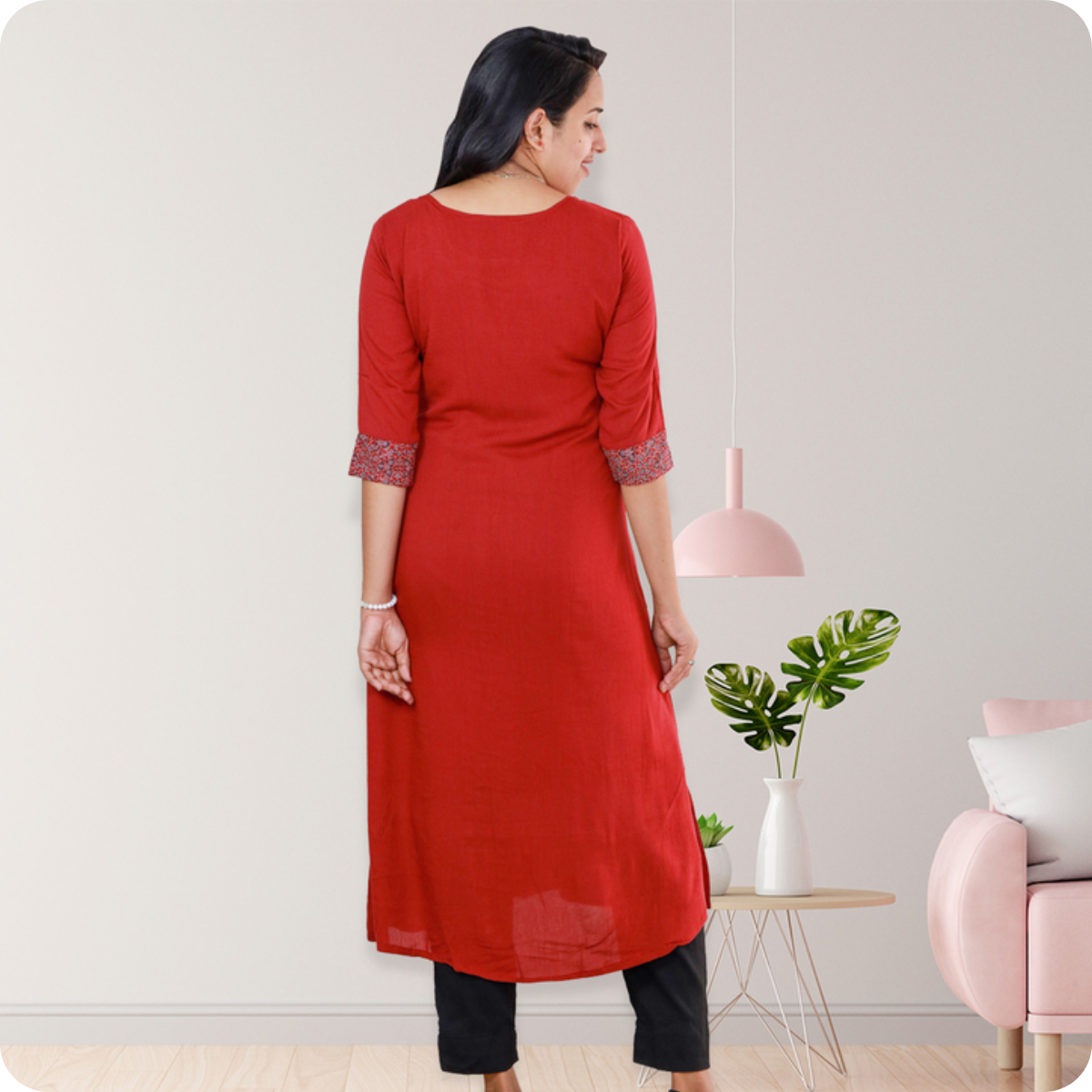 Anjali wringle rayon with Ajrakh cotton patch Red with sall Floral Top