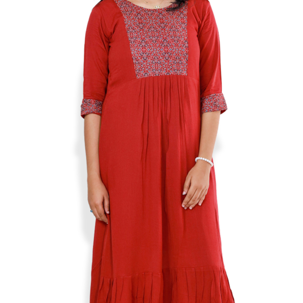 Anjali wringle rayon with Ajrakh cotton patch Red with sall Floral Top