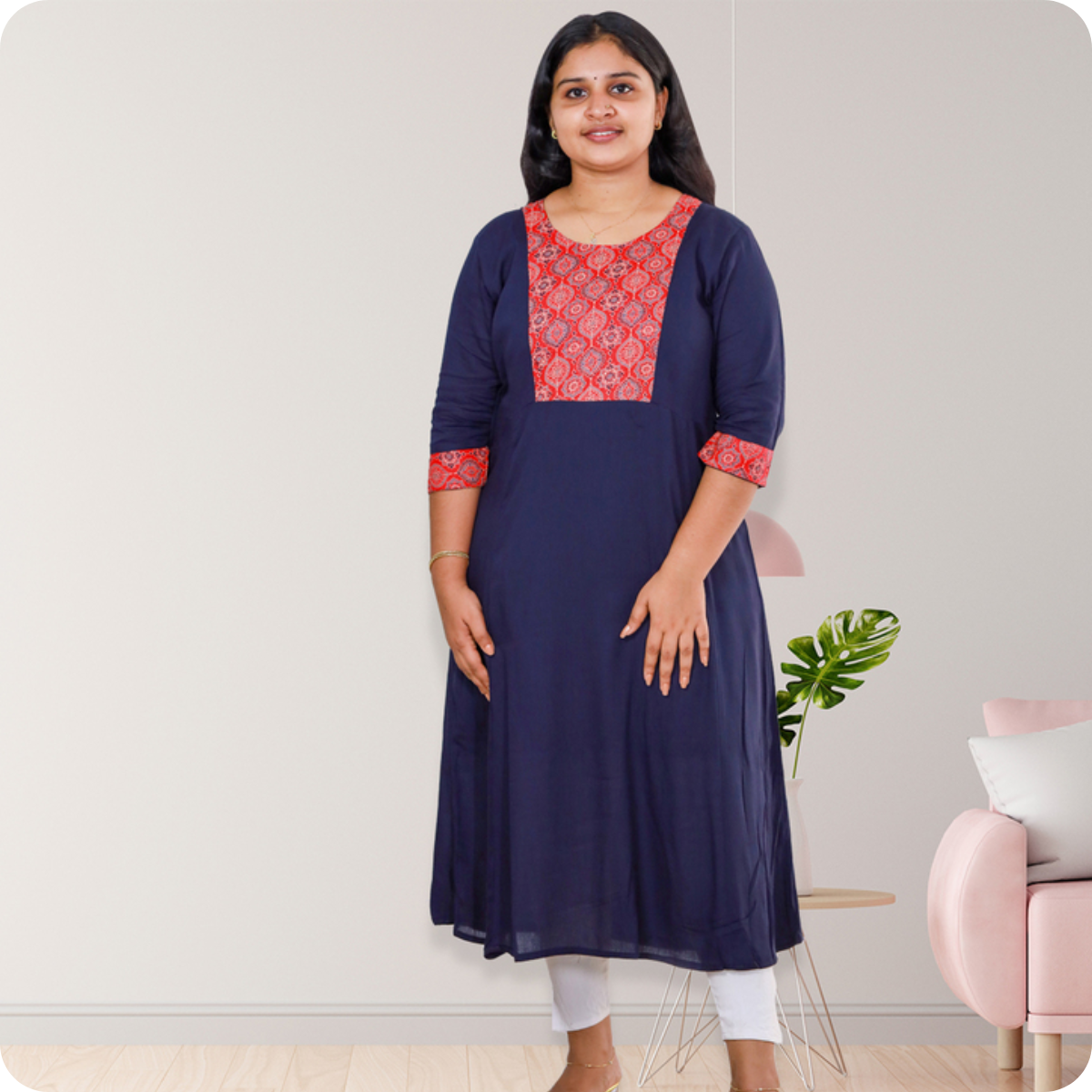 Anjali wringle rayon with Ajrakh cotton Blue with Red Geometric Patch Top