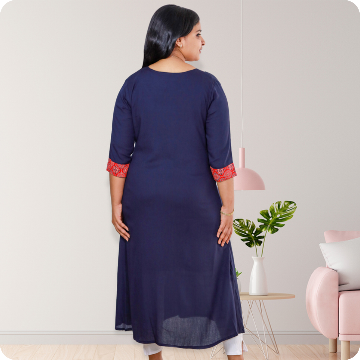 Anjali wringle rayon with Ajrakh cotton Blue with Red Geometric Patch Top