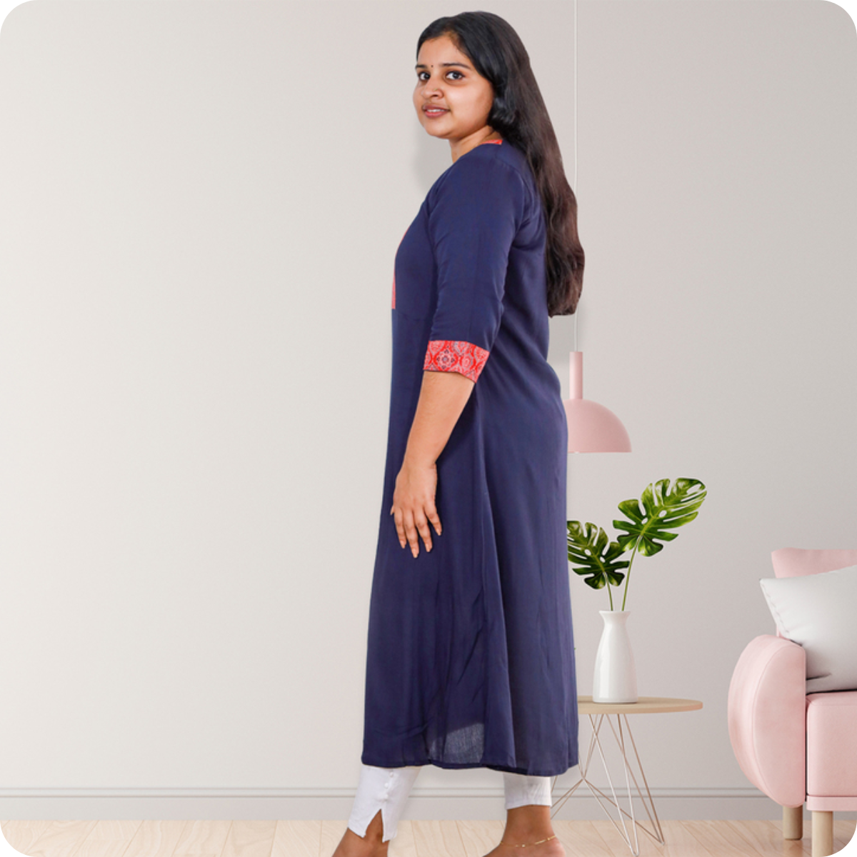 Anjali wringle rayon with Ajrakh cotton Blue with Red Geometric Patch Top