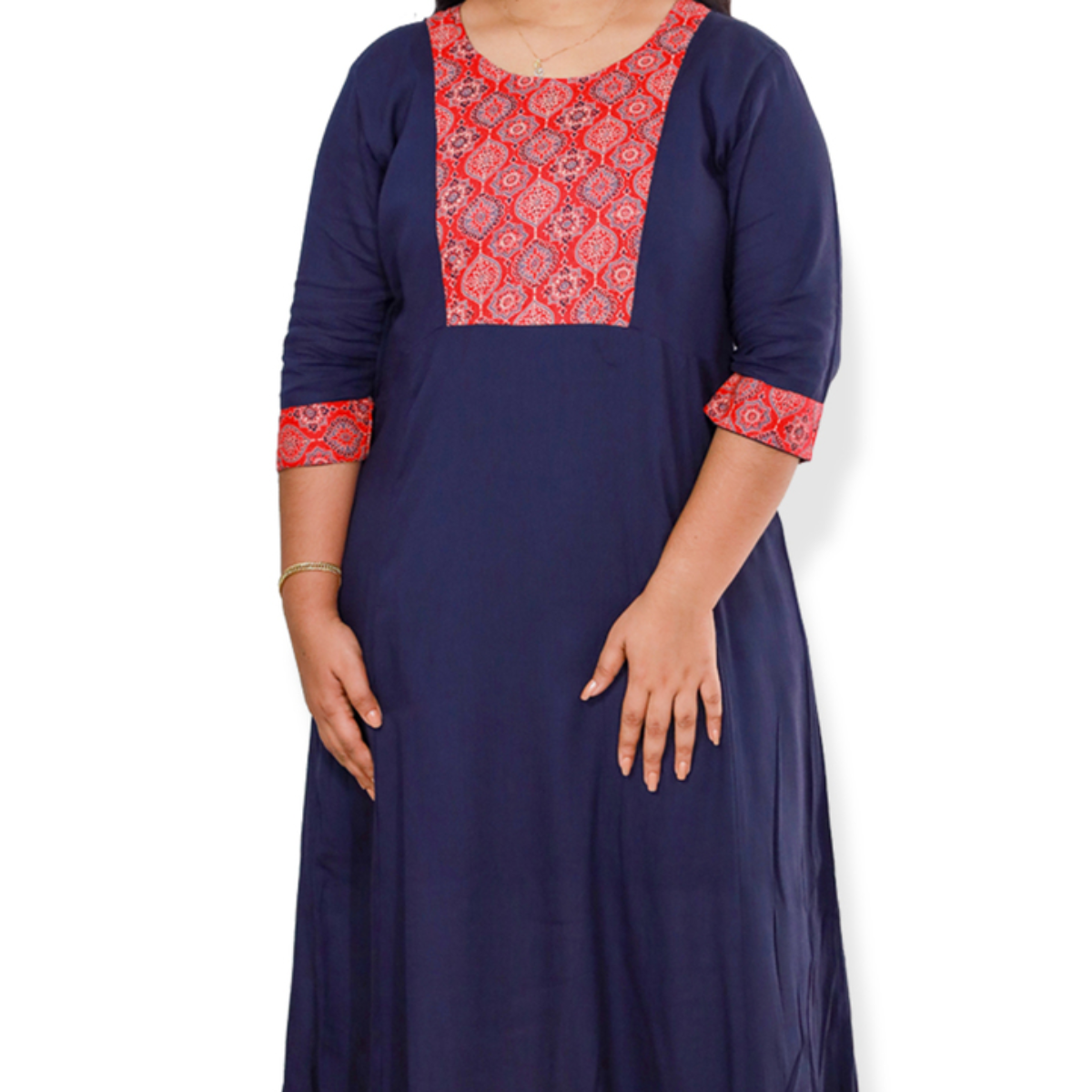 Anjali wringle rayon with Ajrakh cotton Blue with Red Geometric Patch Top