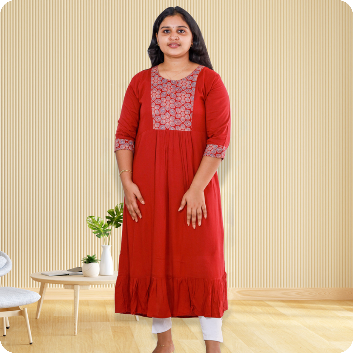 Anjali wringle rayon with Ajrakh cotton chilly Red with Floral Patch top