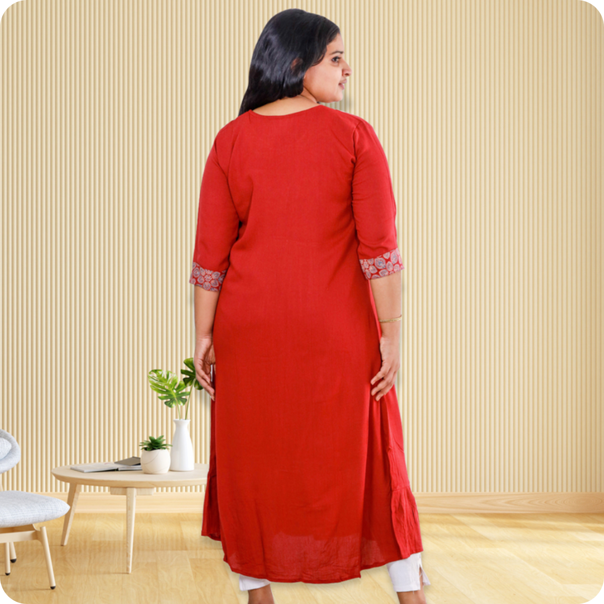 Anjali wringle rayon with Ajrakh cotton chilly Red with Floral Patch top