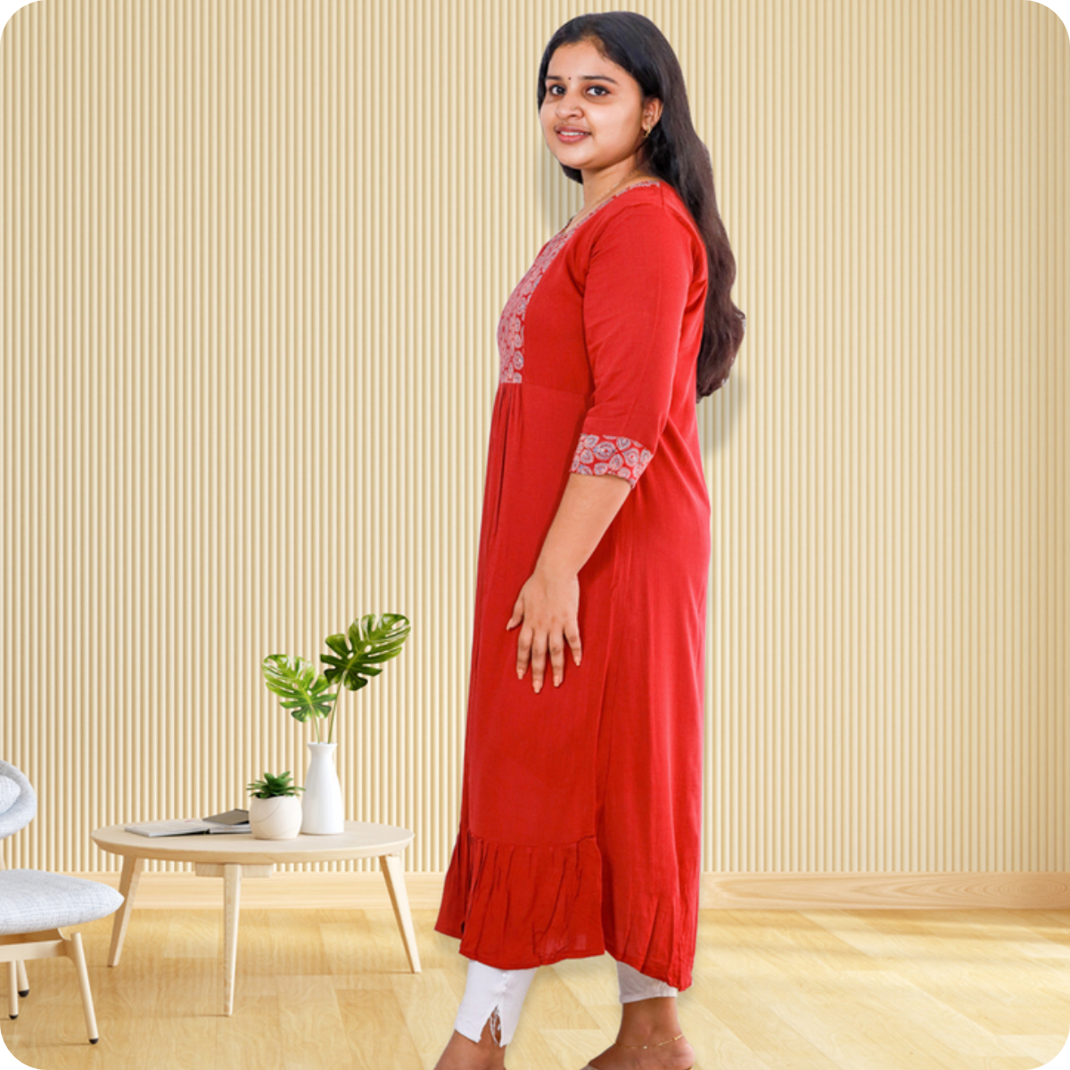 Anjali wringle rayon with Ajrakh cotton chilly Red with Floral Patch top