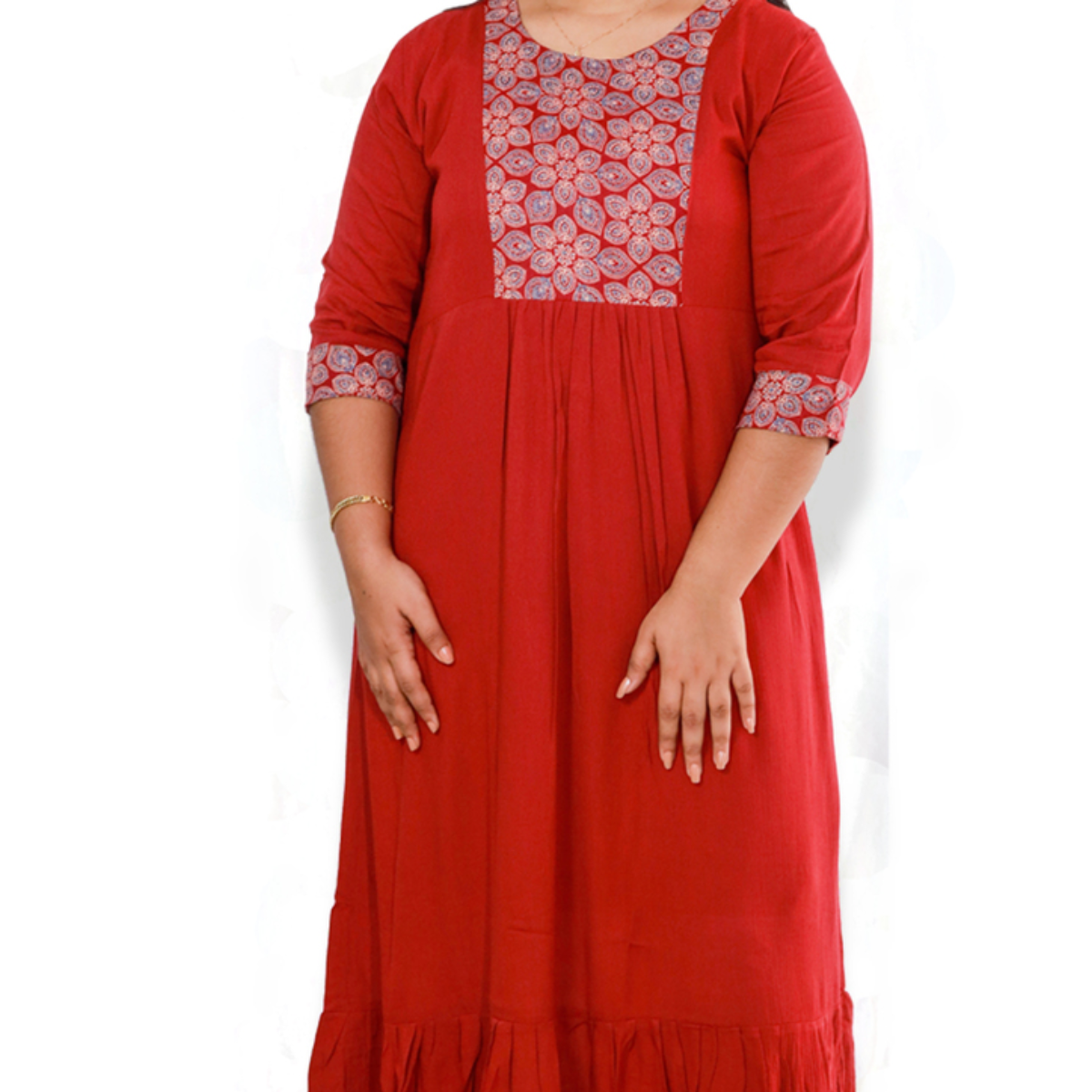 Anjali wringle rayon with Ajrakh cotton chilly Red with Floral Patch top