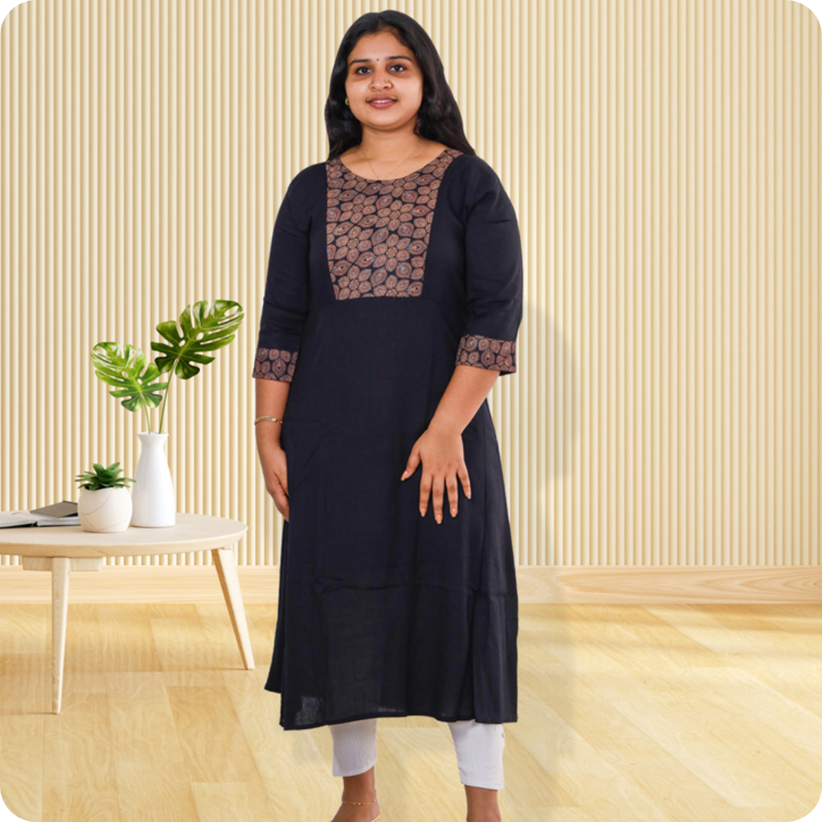 Anjali wringle rayon top with ajrakh cotton Navy Blue Small floral Patch Top