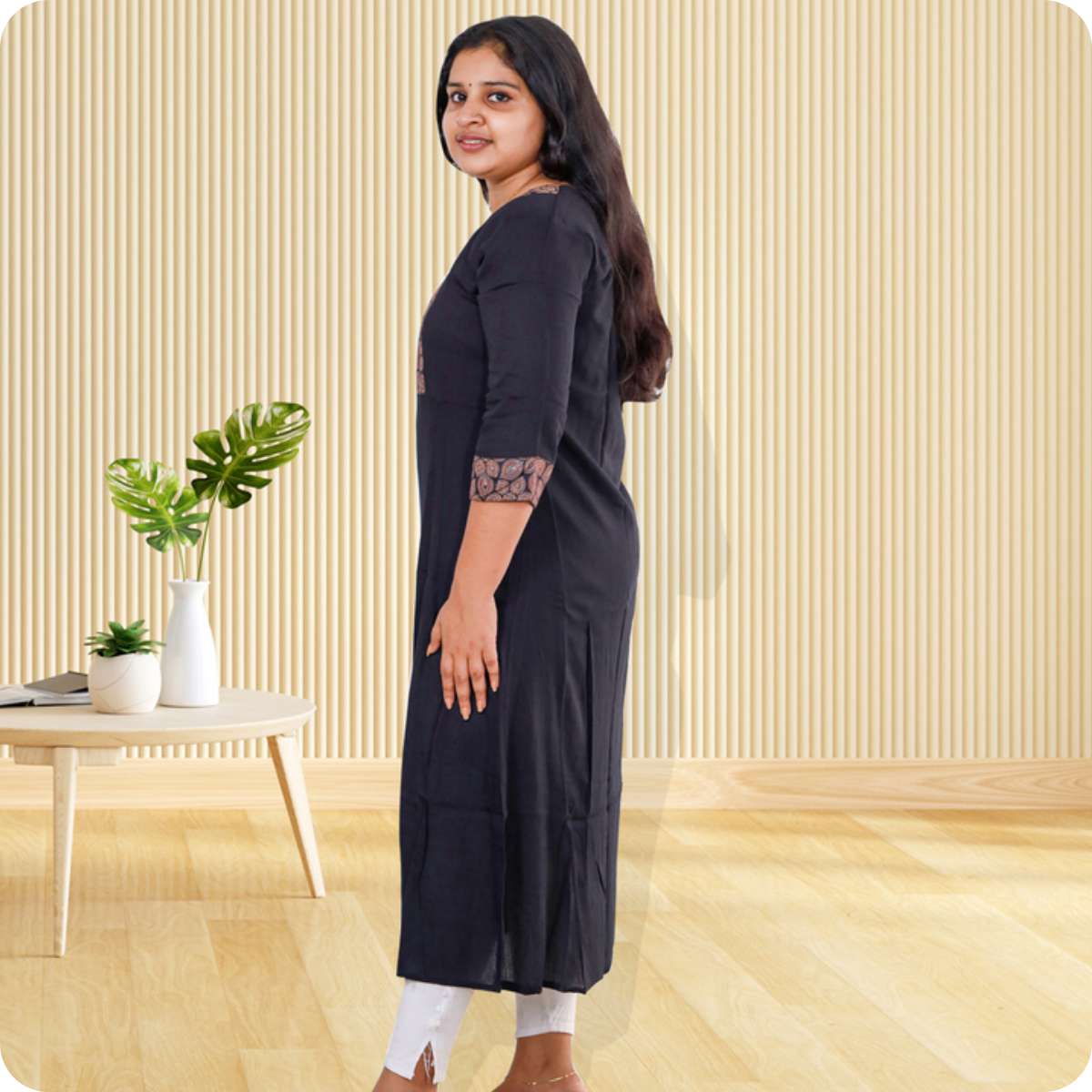 Anjali wringle rayon top with ajrakh cotton Navy Blue Small floral Patch Top