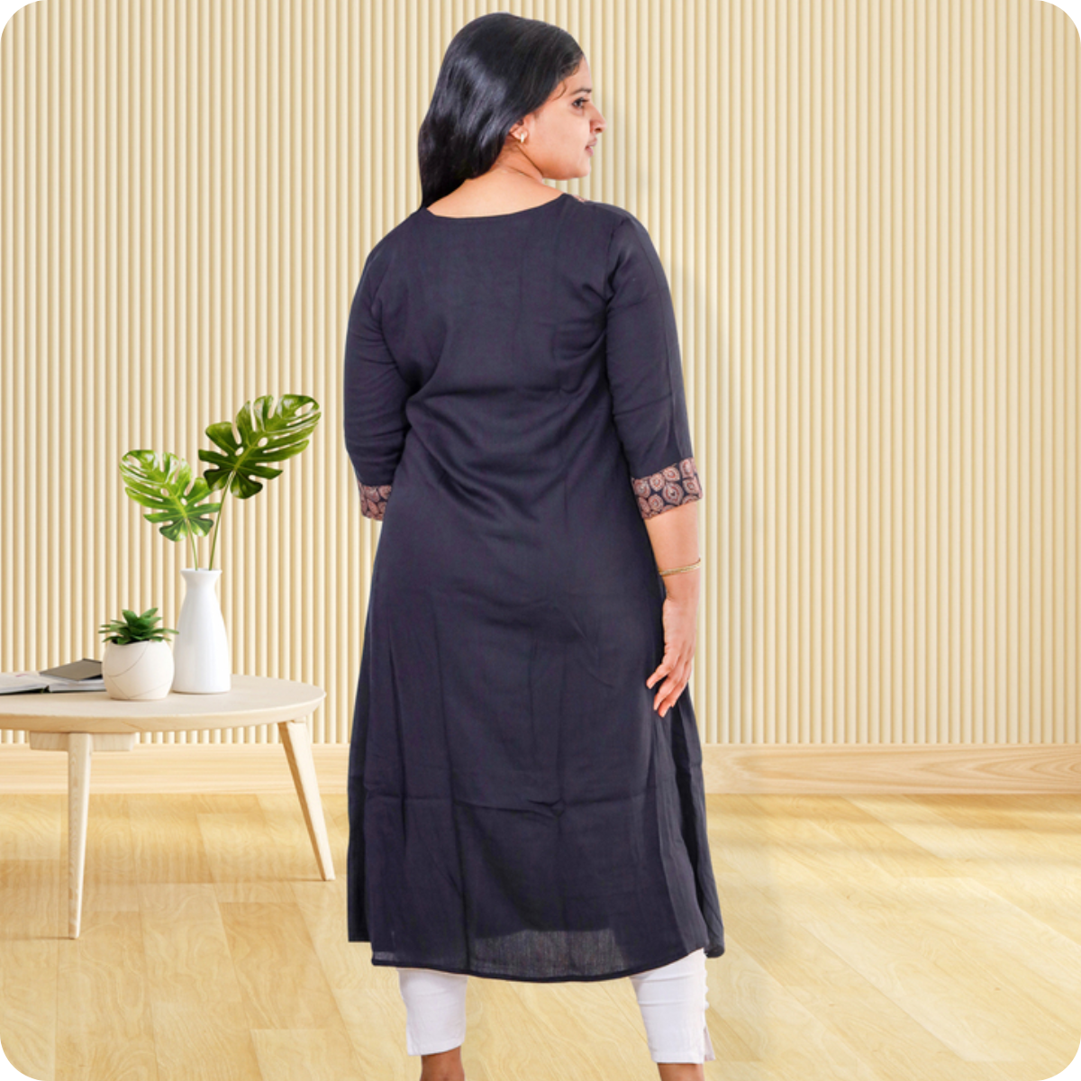 Anjali wringle rayon top with ajrakh cotton Navy Blue Small floral Patch Top