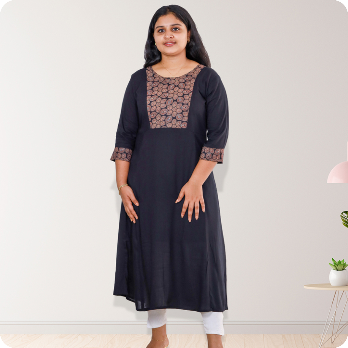 Anjali wringle rayon with Ajrakh Cotton Black with Floral patch