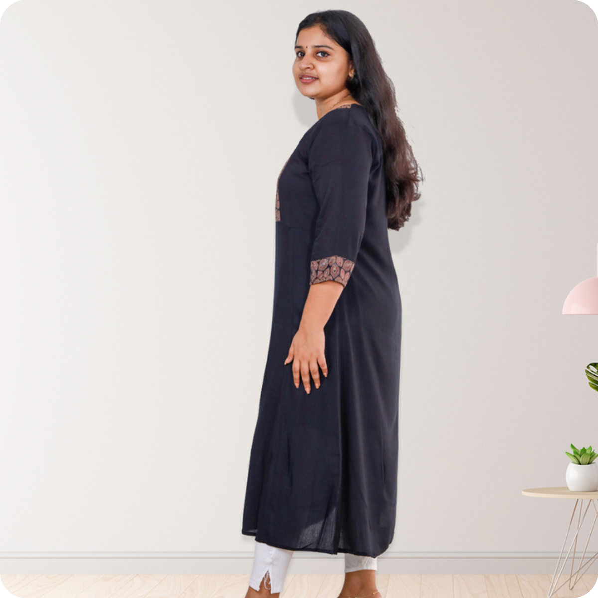 Anjali wringle rayon with Ajrakh Cotton Black with Floral patch