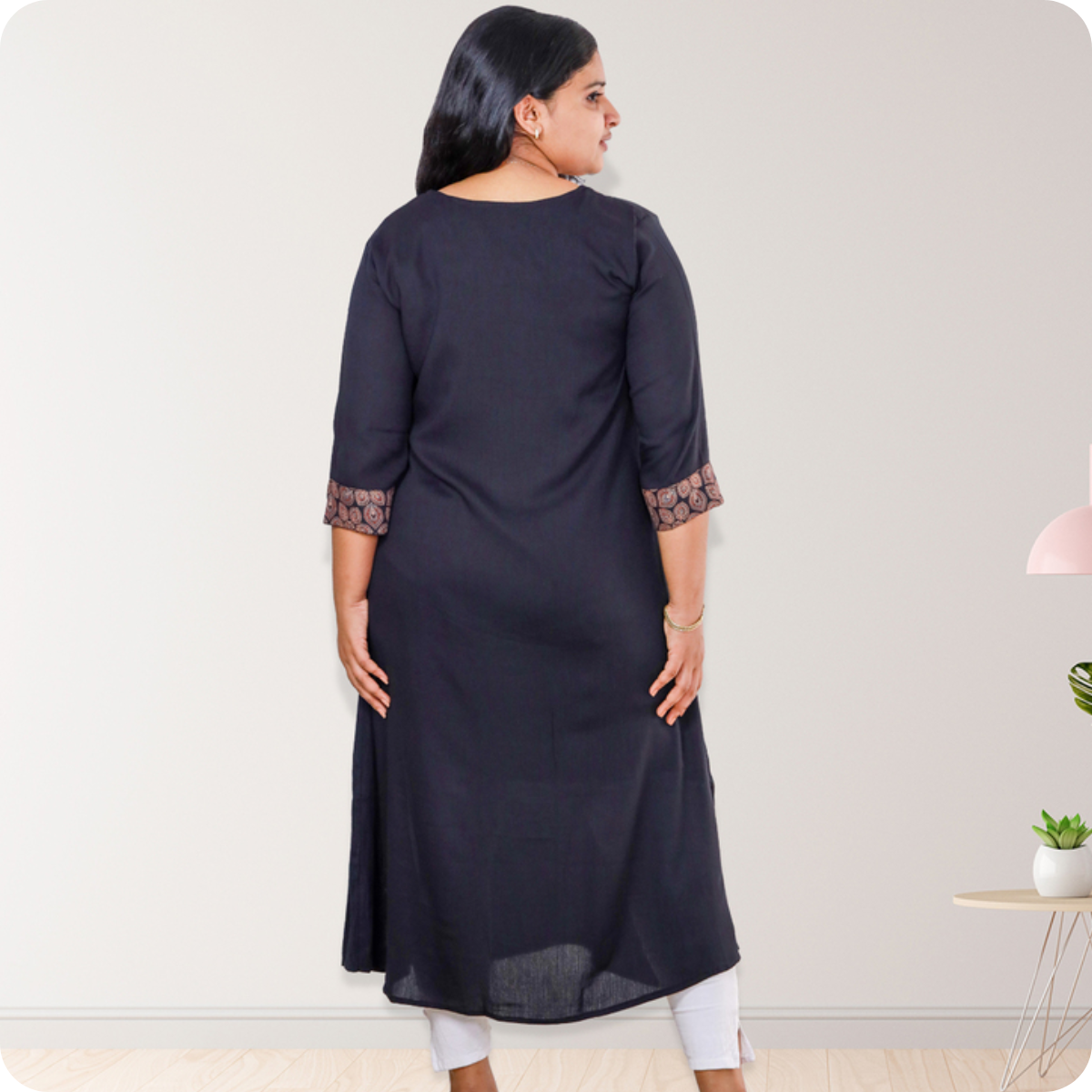 Anjali wringle rayon with Ajrakh Cotton Black with Floral patch