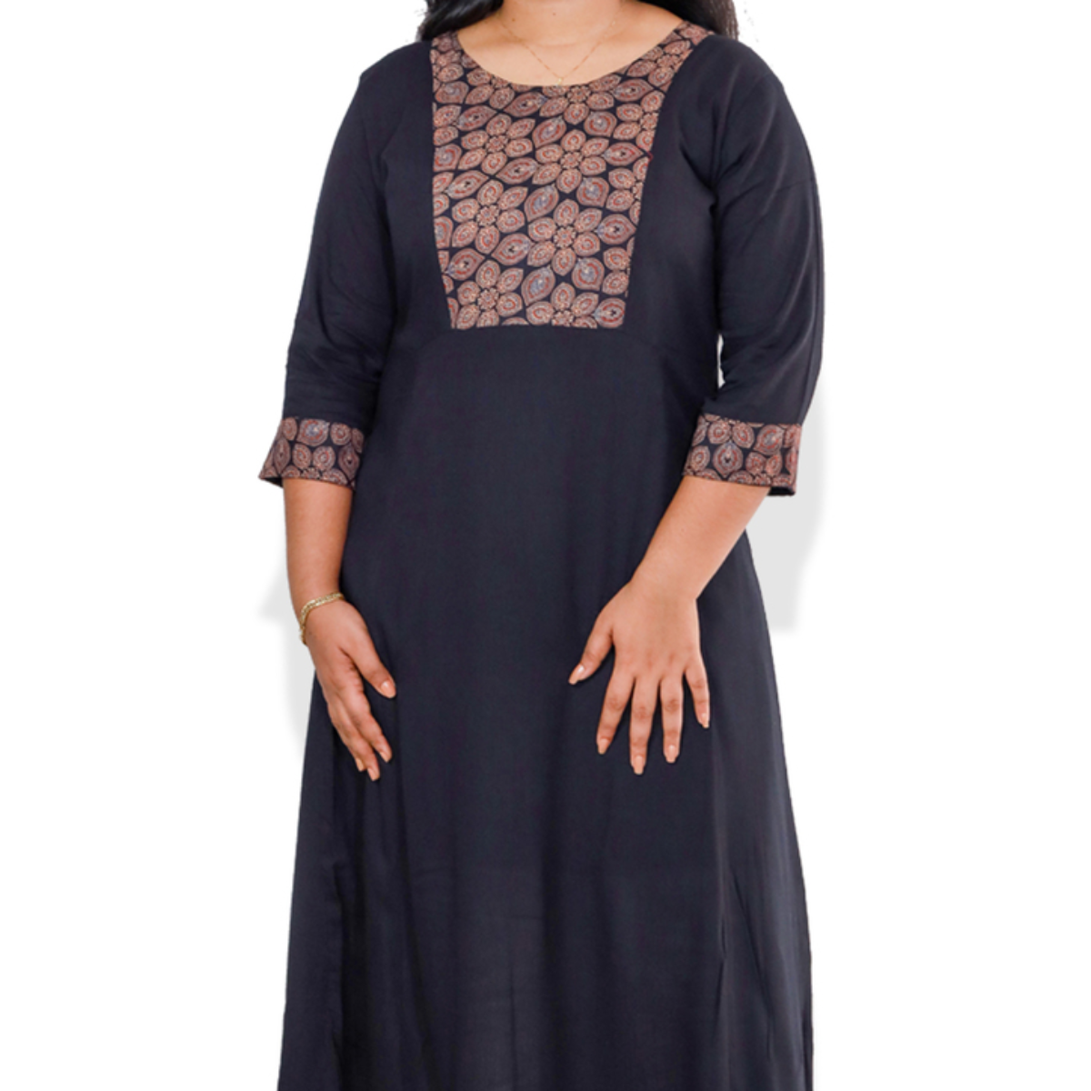 Anjali wringle rayon with Ajrakh Cotton Black with Floral patch