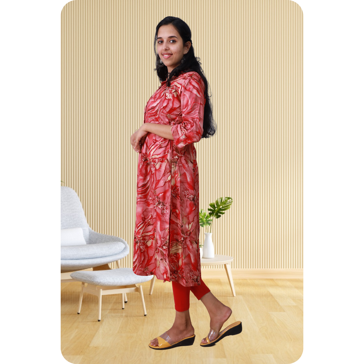Zahari A Line top red printed