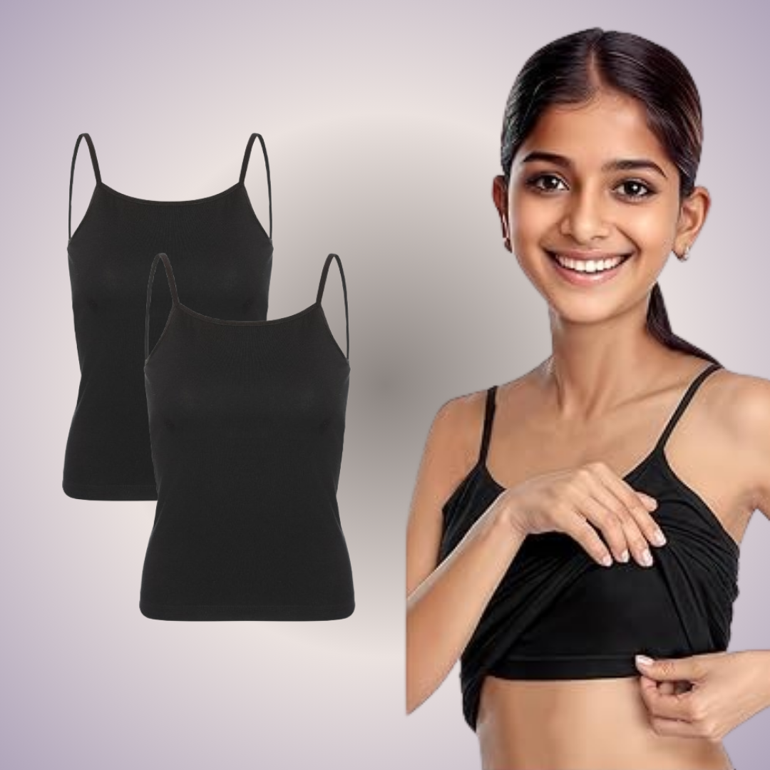 Padded Tank Top For Teens | Flat Padding Covers Nipple Buds | Perfect To Wear Under School Uniform black (pack of 2)