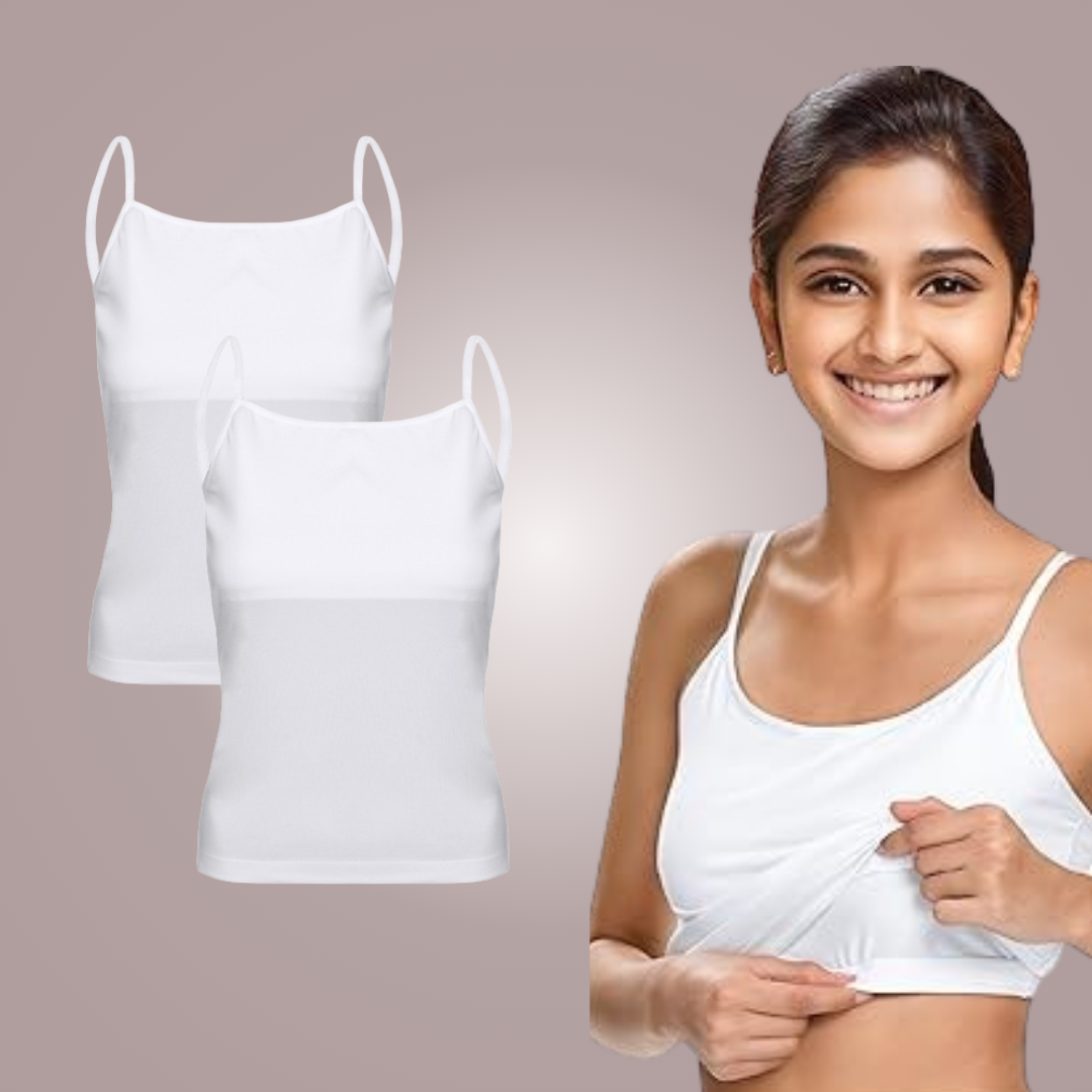 Padded Tank Top For Teens | Flat Padding Covers Nipple Buds | Perfect To Wear Under School Uniform (pack of 2)