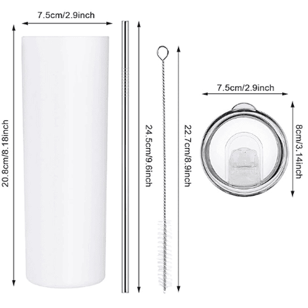 Customized Tumbler, Skinny Straight Stainless Steel Sublimation Tumblers Blanks with Lids and Straws