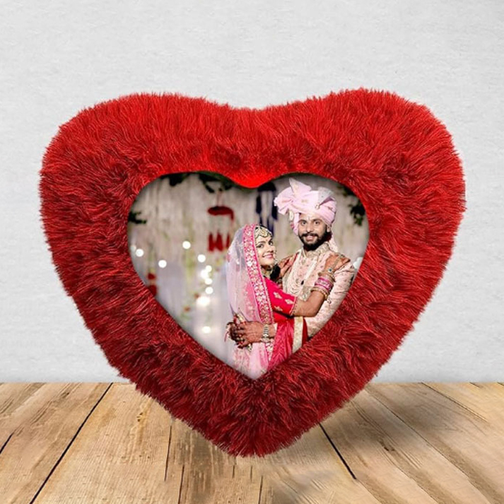 Printed Customized Red Fur Pillow Sublimation Printed Heart Shapes with Your Photos and Messages Printed Customized Red Fur Pillow Sublimation Printed Heart Shapes with Your Photos and Messages