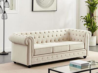 Vikinterio Chesterfield 3-Seater Sofa in Beige Fabric | Luxury Living Room Furniture Vikinterio Chesterfield 3-Seater Sofa in Beige Fabric | Luxury Living Room Furniture
