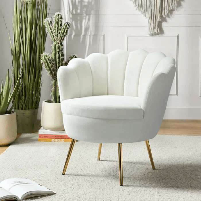 Vikinterio Upholstered Barrel Chair-Ivory Velvet Vikinterio Upholstered Barrel Chair-Ivory Velvet