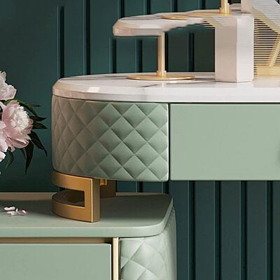 Vikinterio Makeup Vanity Marble Dresser Leather Surrounded Makeup Table Retractable Bedside Table with Touch Mirror 3 Drawers Dresser Desk Vikinterio Makeup Vanity Marble Dresser Leather Surrounded Makeup Table Retractable Bedside Table with Touch Mirror 3 Drawers Dresser Desk