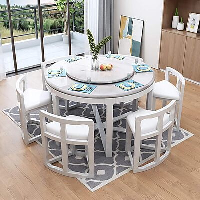 Vikinterio Milano Marble Top Six Seater Round Shape Dining Table Set Vikinterio Milano Marble Top Six Seater Round Shape Dining Table Set
