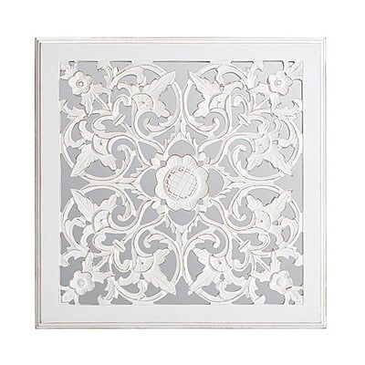 VIKINTERIO White Carved Square Mirrored Medallion Wall Art VIKINTERIO White Carved Square Mirrored Medallion Wall Art