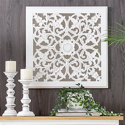 VIKINTERIO White Carved Square Mirrored Medallion Wall Art VIKINTERIO White Carved Square Mirrored Medallion Wall Art