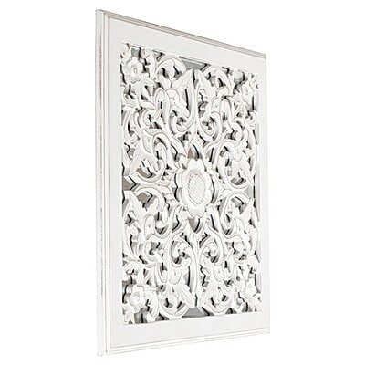 VIKINTERIO White Carved Square Mirrored Medallion Wall Art VIKINTERIO White Carved Square Mirrored Medallion Wall Art