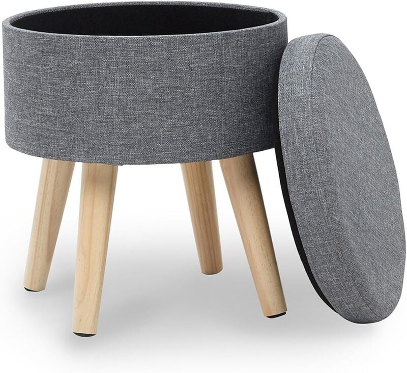 Sydney Round Ottoman Leg Rest Seat Made of Linen and Solid Wood with Storage Space, Sydney Round Ottoman Leg Rest Seat Made of Linen and Solid Wood with Storage Space,