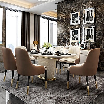 Norway Modern 63" Marble Rectangular Pedestal Dining Table PU Leather & Stainless Steel in Gold Norway Modern 63" Marble Rectangular Pedestal Dining Table PU Leather & Stainless Steel in Gold